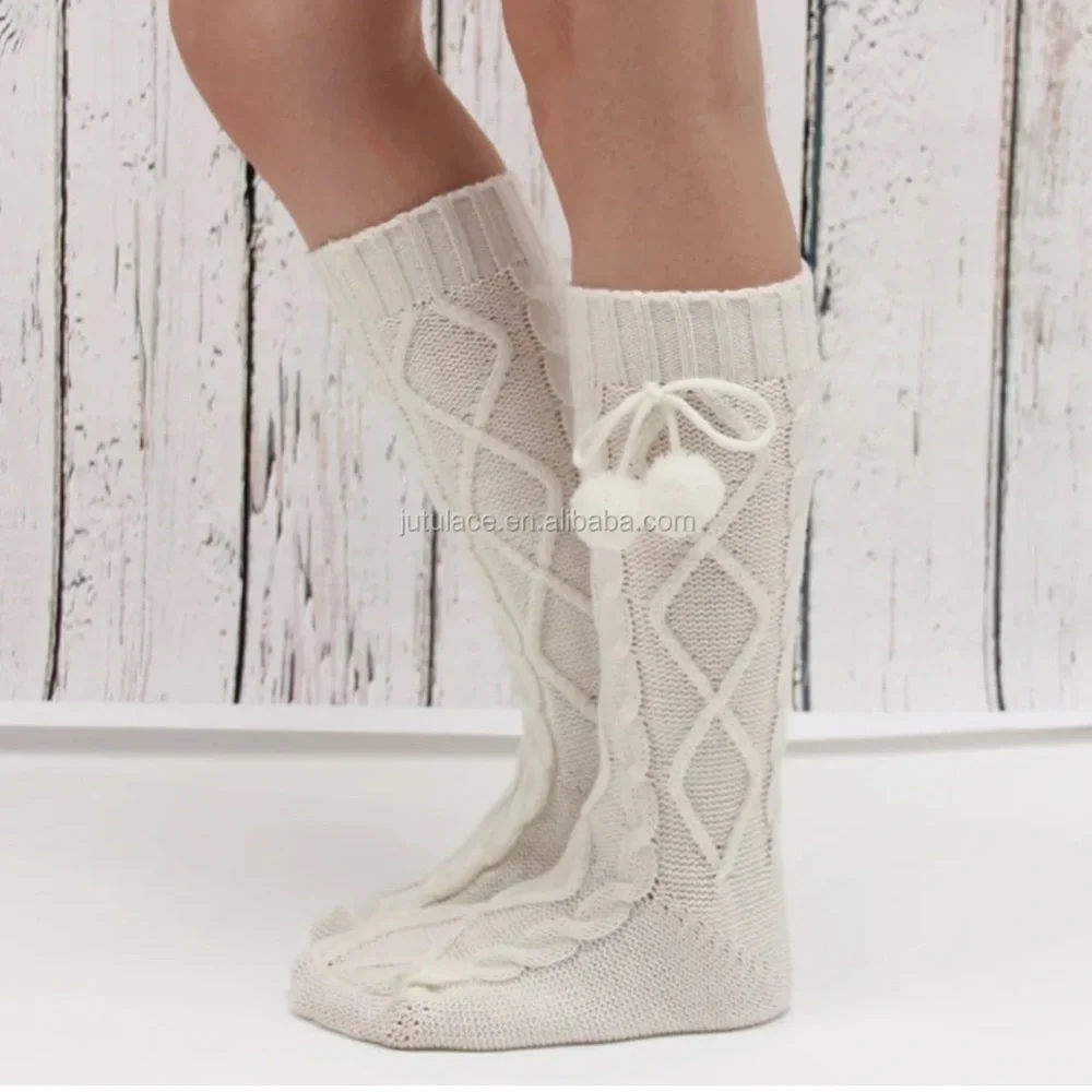 Cream - Cable knit socks with pom poms